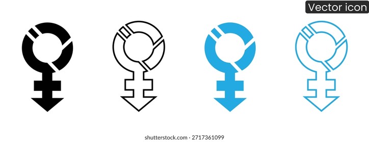 Conjunto de iconos vectoriales con símbolos de género femenino con flechas apuntando hacia abajo, disponible en diferentes colores y estilos de línea para diversas necesidades de diseño