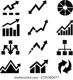 Conjunto de iconos vectoriales con gráficos financieros, tendencias de crecimiento y estructuras jerárquicas. Elementos de visualización de datos.