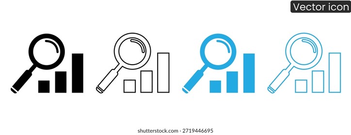 Um conjunto de ícones vetoriais com lentes de aumento sobre gráficos de barras em várias cores, ideal para conceitos de análise de dados e negócios