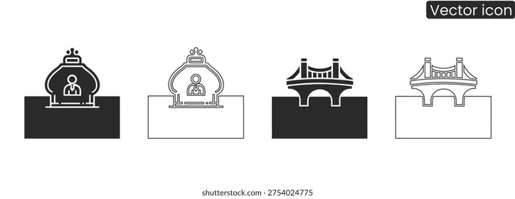 Set of vector icons featuring people under awnings and bridges in black and white, ideal for use in design projects, presentations, and websites