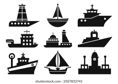 A set of vector icons featuring ships and boats, perfect for use in maritime designs, nautical-themed projects, and transport-related content. 