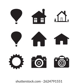 Set of vector icons featuring silhouette balloon, house, gear, camera in minimal black flat design. Perfect graphic elements for UI icons, web icons, pictograms, clipart and travel icons.