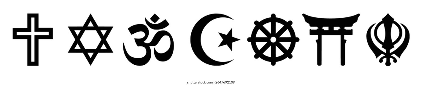 Defina ícones vetoriais com símbolos das principais religiões mundiais, incluindo o cristianismo, o judaísmo, o hinduísmo, o islamismo, o budismo, o xintoísmo e o siquismo. Design limpo sobre fundo branco.