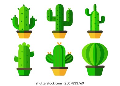 A set of vector icons featuring various cactus designs. Perfect for use in desert-themed projects, gardening materials, and eco-friendly designs.