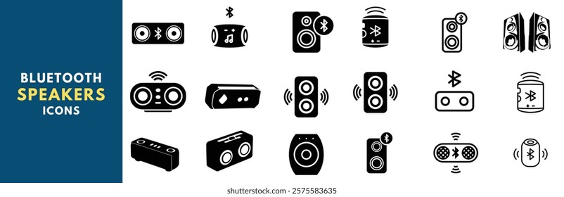 Set of vector icons featuring various Bluetooth speaker styles. Perfect for tech, audio, and design projects.