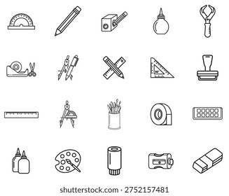 A set of vector icons featuring various school and office supplies, including pencils, rulers, and paintbrushes, in a simple line art style on a white background, perfect for use in educational materials, websites, banners, posters, and social media.