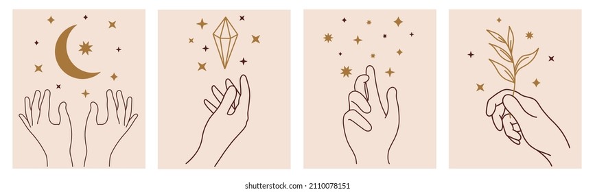 Set of vector icons female hands. Hand drawn vintage illustration. The hand holds shining crystal, crescent, stars, plant branch. Cliparts for decoration, design of cosmetics, beauty salon, web