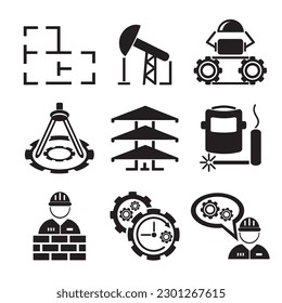 Un conjunto de íconos vectores del campo de la construcción, la industria y la ingeniería mecánica. Aislado.