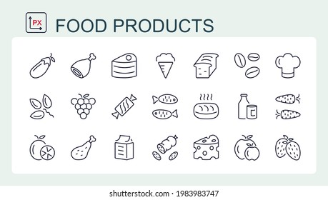 A set of vector icons of fine line, food and drinks. Food products.