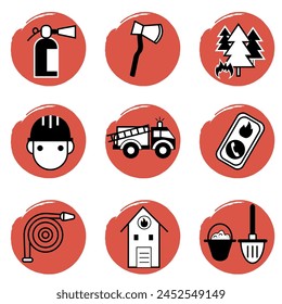 Set of vector icons for the fire service in line art style, black and white illustration, vector