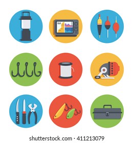 
Set of vector icons of fishing equipment. Vector illustration.
