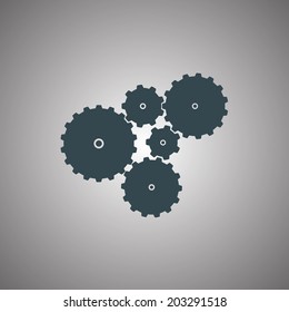 Set of vector icons of five different black and white cogwheels and gears. Graphics for maintenance, repair, manufacturing and development. Buttons for settings and options of application.