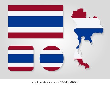 Set of vector icons with flag and map of Thailand
