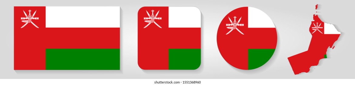 Set of vector icons with flag and map of Oman

