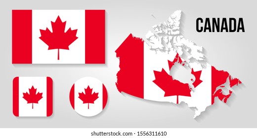 Set of vector icons with flag and map of CANADA
