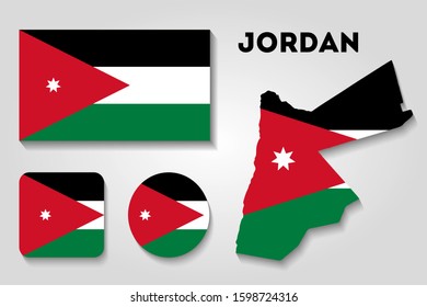 Set of vector icons with flag and map of  Jordan
