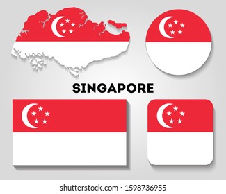Set of vector icons with flag and map of Singapore
