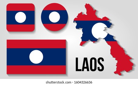 Set of vector icons with flag and map of Laos
