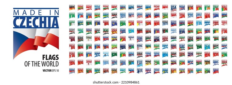 A set of vector icons with flags of countries and with the inscription made in