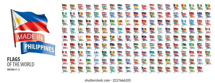 A set of vector icons with flags of countries and with the inscription made in