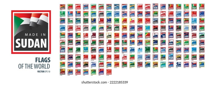 A set of vector icons with flags of countries and with the inscription made in
