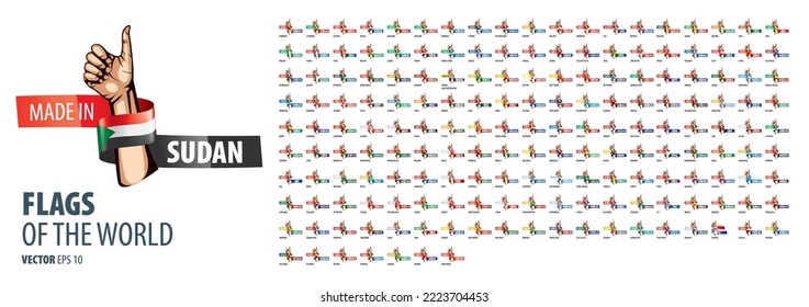 A set of vector icons with flags of countries and with the inscription made in
