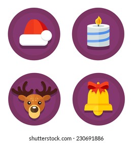 Set of vector icons of flat to Christmas and New Year on the background of the round