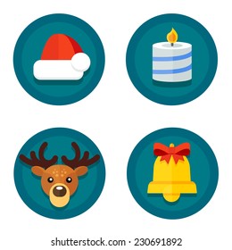 Set of vector icons of flat to Christmas and New Year on the background of the round