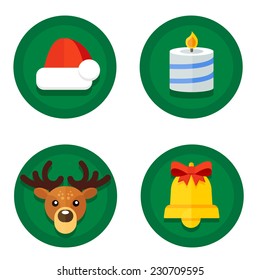Set of vector icons of flat to Christmas and New Year on the background of the round