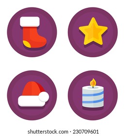 Set of vector icons of flat to Christmas and New Year on the background of the round