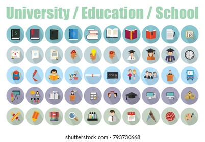 Set vector icons in flat design education, school and university with elements for mobile concepts and web apps