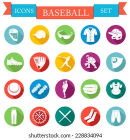 Set of vector icons flat on white isolated background. The icons on the theme of sports, baseball and athletics in a minimalist style.