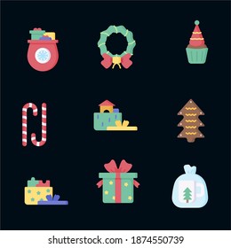 Set of vector icons in flat style for Christmas. Stylish set of gifts and Christmas socks.