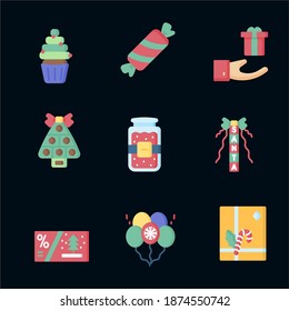 Set of vector icons in flat style for Christmas. Stylish set of gifts and Christmas socks.
