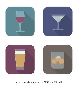 A set of vector icons in the flat style with different alcoholic beverages. Beer, wine, whiskey, vermouth.