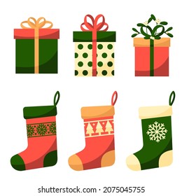 Set of vector icons in flat style for Christmas. Stylish set of Christmas socks and gifts for Christmas with bows and boutonnieres. Vector illustration icons isolated on white background.