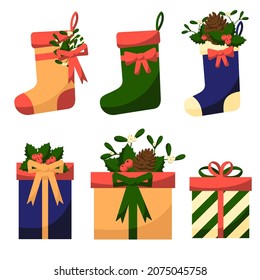 Set of vector icons in flat style for Christmas. Stylish set of Christmas socks and gifts for Christmas with bows and boutonnieres. Vector illustration icons isolated on white background.