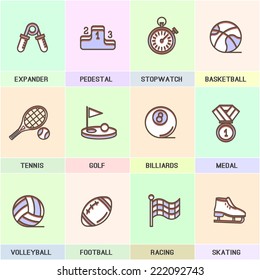 Set of vector icons in flat style. Basketball, exercise, training, tennis, golf, billiards, medal, volleyball, football, figure skating,