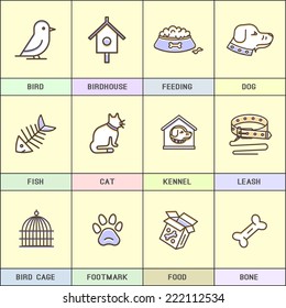 Set of vector icons, in the flat, style. Pets, dog, bird, birdhouse, cat, fish, shed, leash, bone, traces of a parrot cage, food.