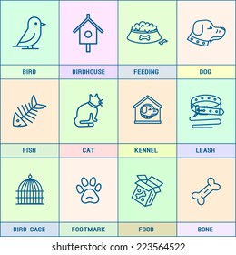 Set of vector icons, in the flat, style. Pets, dog, bird, birdhouse, cat, fish, shed, leash, bone, traces of a parrot cage, food.