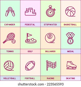 Set of vector icons in flat style. Basketball, exercise, training, tennis, golf, billiards, medal, volleyball, football, figure skating,