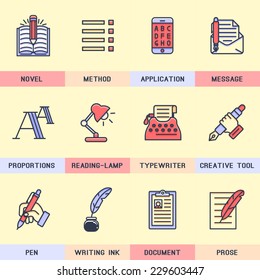 Set of vector icons in flat style. Writer, copywriting, keywords, editing, text, font, composition, creative.