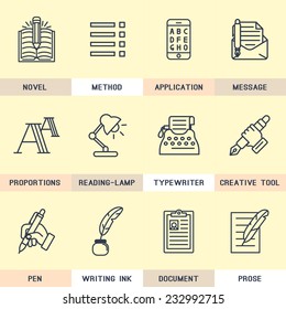 Set of vector icons in flat style. Writer, copywriting, keywords, editing, text, font, composition, creative.