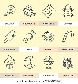 Set of vector icons in flat style. Sweets, candy, ice cream, pastries, and croissants.