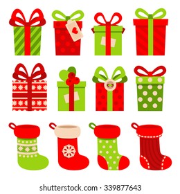 Set of vector icons in flat style for Christmas. Stylish set of gifts and Christmas socks.