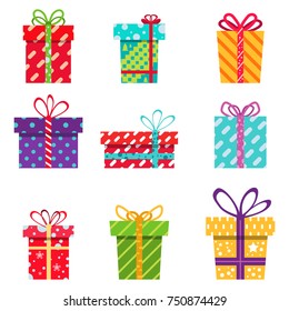 Set of vector icons in flat style for Christmas and New Year. Stylish set of gifts. Beautiful multi-colored boxes.