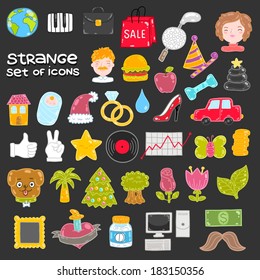 Set of vector icons - flower, dog, tree, mustache, hamburger, Earth, baby, car, apple, wedding rings, piano,shoe, butterfly, leaf, star, tattoo, rose, computer, girl, woman, house and other