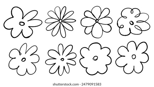 Conjunto de iconos de vector flor aislada sobre fondo blanco. Flores dibujadas a mano en estilo garabato simple