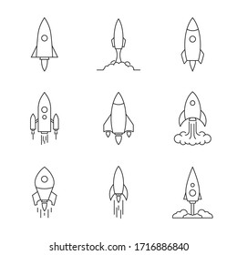 Set of vector icons of flying spaceship. Rocket ship logo taking off on a white background.