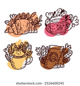 A set of vector icons with foam coffee in the form of a cat, tea, croissant and drip coffee in a bag. Decorated with flowers, leaves for cafe menu.